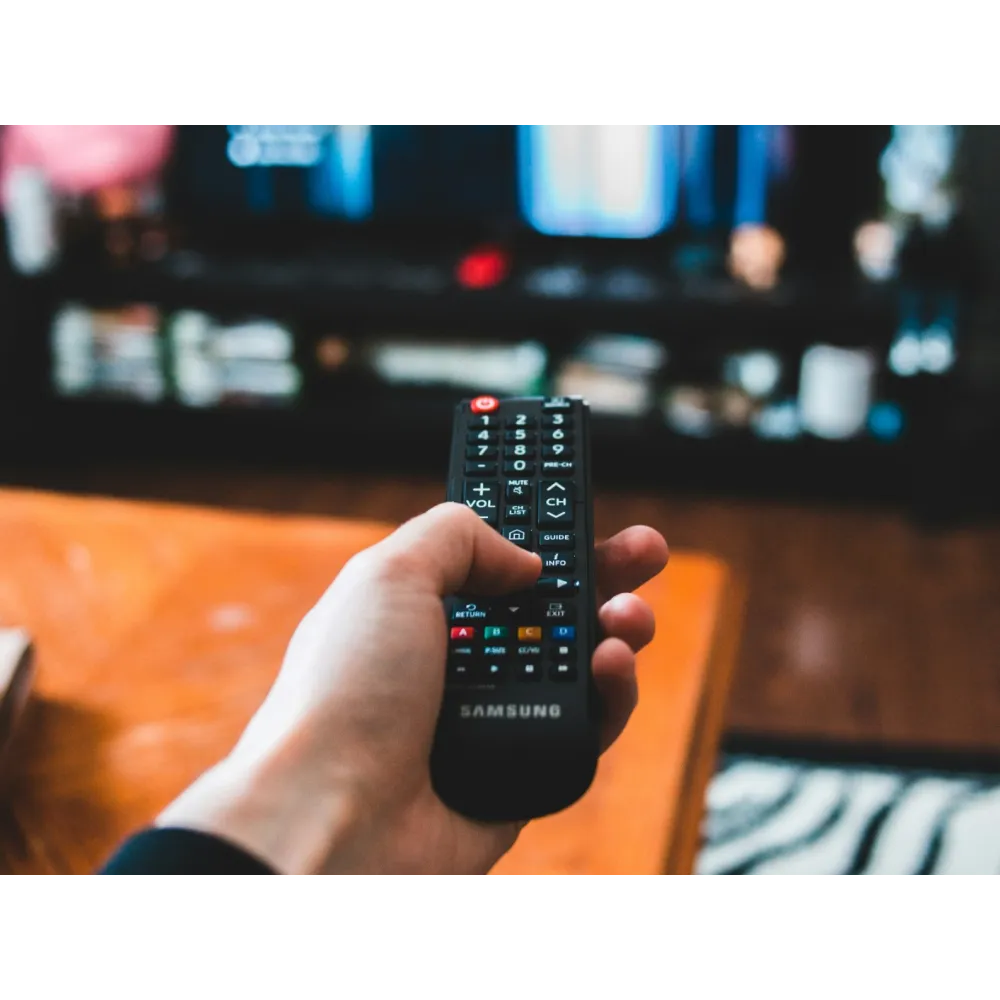 a person holds a remote control
