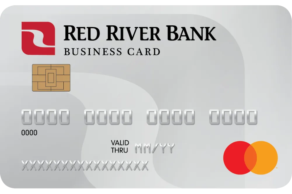 Red River Bank business credit card with chip and Mastercard logo on silver background