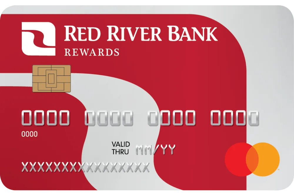 Red River Bank Rewards credit card with chip and Mastercard logo on a red and gray background