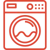 Red outline icon of a front-loading washing machine with control panel and circular door.
