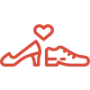 Red line icon of a high heel shoe and a sneaker with a heart symbol above them.