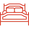 Red outline icon of a double bed with two pillows and a curved headboard and footboard.