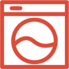 Red laundry washing machine icon with circular door and control panel on top left.