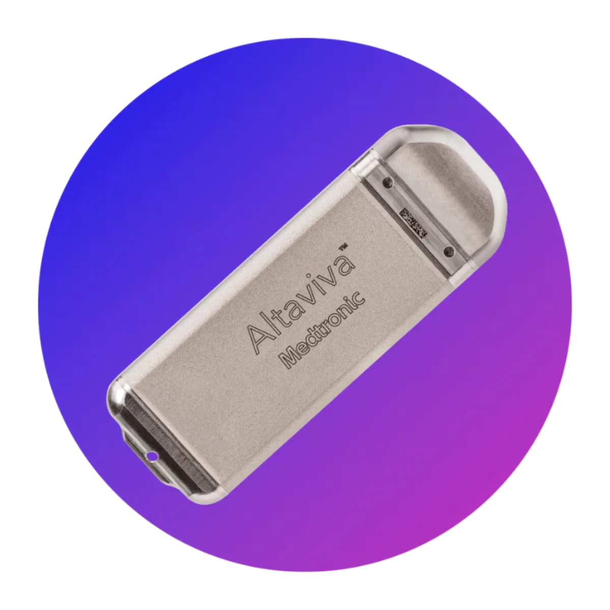 Altaviva Medtronic metallic medical device on blue and purple gradient circular background.