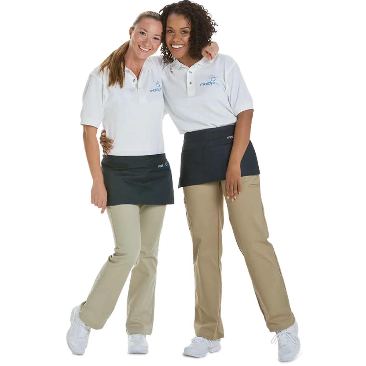 a pair of women in matching white shirts