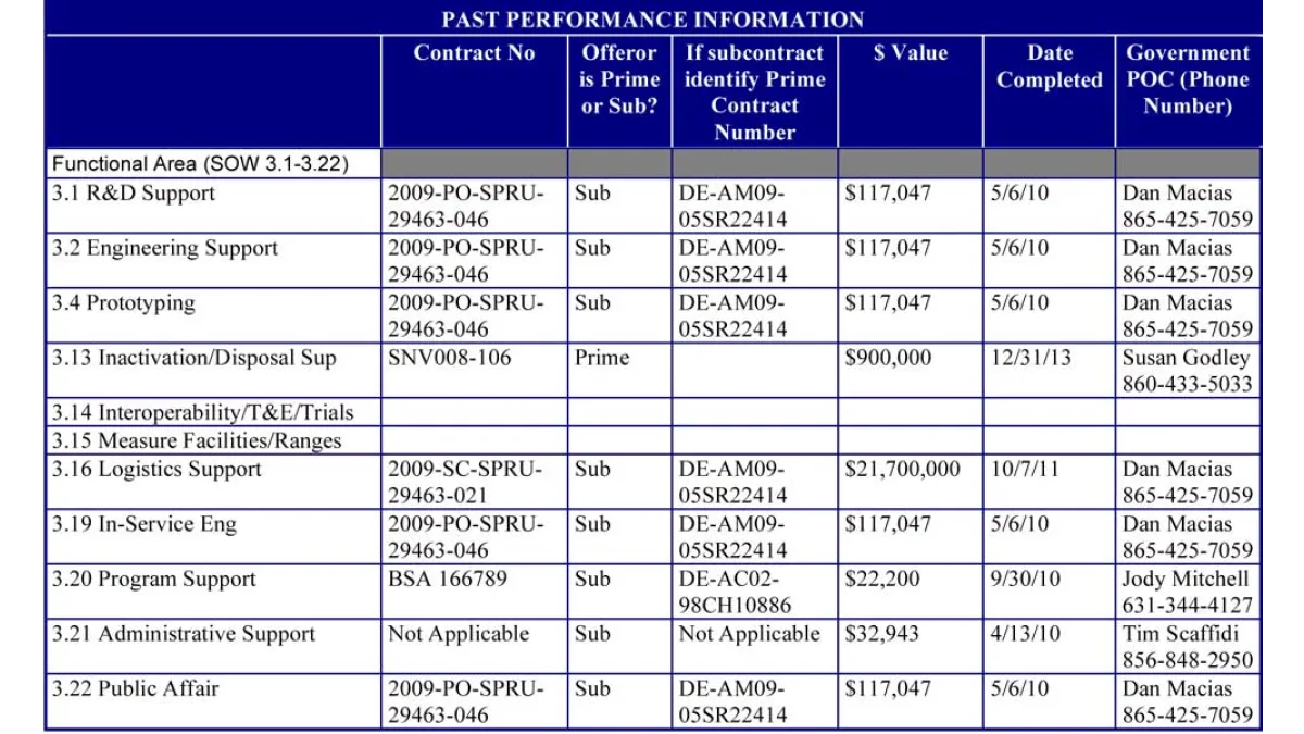 Table displaying past performance information including contracts, roles, values, completion dates, and government contacts.