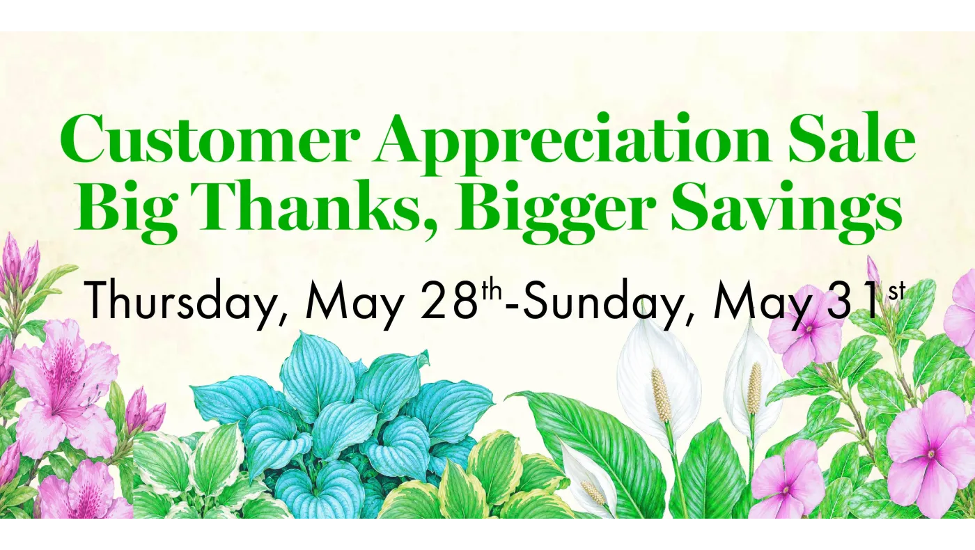 Customer Appreciation Sale banner with green text and floral accents announcing May 28 to May 31 dates.