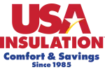 USA Insulation logo featuring bold red and blue text with a white star and yellow swoosh