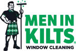 Men in Kilts logo with a man in a green plaid kilt holding a squeegee, representing window cleaning service.