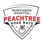 Logo of Northside Hospital Peachtree Road Race with shield design and peach icon in red and black.