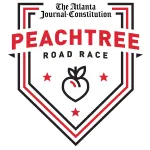 Logo for The Atlanta Journal-Constitution Peachtree Road Race with red and black peach and star design.