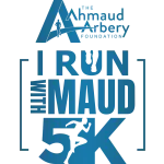 Logo for the Ahmaud Arbery Foundation's Run With Maud 5K event featuring a running silhouette and bold text.