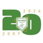 Publix Atlanta Marathon 20th anniversary logo featuring green and gold colors with floral accents from 2007 to 2026.