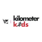 Kilometer Kids logo featuring stylized running figure and winged symbol with black and red text.