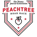 The Atlanta Journal-Constitution Peachtree Road Race logo with peach icon and red stars in shield design