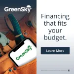 GreenSky logo with tools and phone, promoting financing options that fit your budget with a Learn More button.