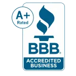 BBB Accredited Business logo with A+ rating, blue and white design showcasing trust and reliability.