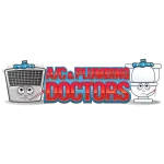 Cartoon AC unit and toilet with thermometers and sad faces beside bold red text A/C & Plumbing Doctors.