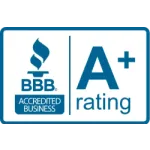 BBB Accredited Business logo with an A+ rating symbol in blue and white colors.