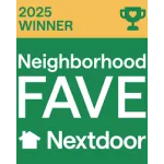 2025 Neighborhood Favorite award badge by Nextdoor with a trophy icon and house symbol on green and yellow background