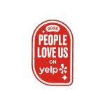 Red and white badge reading 2025 People Love Us on Yelp with Yelp logo and stars