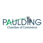Logo of Paulding Chamber of Commerce with a green arc and star over a gray map of Georgia.