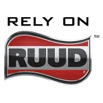 RUUD logo with a red and silver wave-shaped background and bold black letters under phrase Rely On.