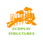 Orange playground climbing structure with slides and bridges with green text Ecoplay Structures below