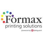 Formax printing solutions logo with colorful circular dots and Safeguard powered text.