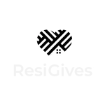 White ResiGives logo with a heart-shaped house pattern on a black background.