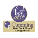 Best of 2025 Cumming award for Best Deck Porch Design and Build with purple and beige colors.