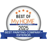 Best of My Home Improvement Atlanta 2025 award badge for Best Painting Company Exterior with five stars.