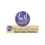 Best of 2025 award badge for Woodstock/Canton recognizing best outdoor kitchens with purple and beige design.