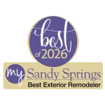 Badge for Best of 2026 awarded to My Sandy Springs as Best Exterior Remodeler in gold and purple colors.