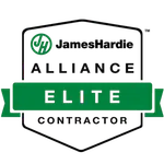 James Hardie Alliance Elite Contractor logo with green and black design in a shield shape.