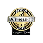 BusinessRate 2025 award badge for best services in Virginia Beach with gold and black design elements.
