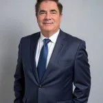 Middle-aged man in a navy blue suit and tie smiling against a plain gray background.