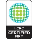 Logo showing a globe made of blue and green dots with 'IICRC Certified Firm' text below on black background