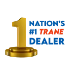 Gold number one trophy with text Nation's #1 Trane Dealer in blue and red letters on white background.