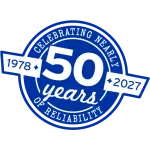 Blue badge celebrating nearly 50 years of reliability from 1978 to 2027 with bold and script text.