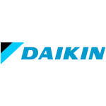 Daikin logo with stylized blue text and abstract blue graphic element on white background