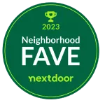 2023 Neighborhood FAVE award badge from Nextdoor with green and yellow colors and trophy icon