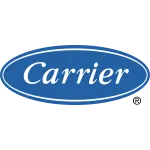 Blue oval Carrier logo with white cursive lettering and double white border.