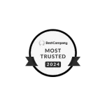 Best Company Most Trusted 2024 award badge with black ribbon on white circular background.