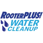 RooterPLUS! Water Cleanup logo with blue water droplets and bold text for cleanup services.