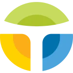 Abstract circular logo with green, yellow, and blue curved shapes creating a modern, dynamic design