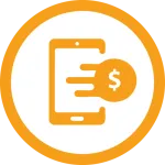 Orange mobile phone icon with a dollar sign indicating fast digital payment or money transfer.
