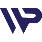 Abstract navy blue logo with stylized W and P letters forming a sleek modern design.