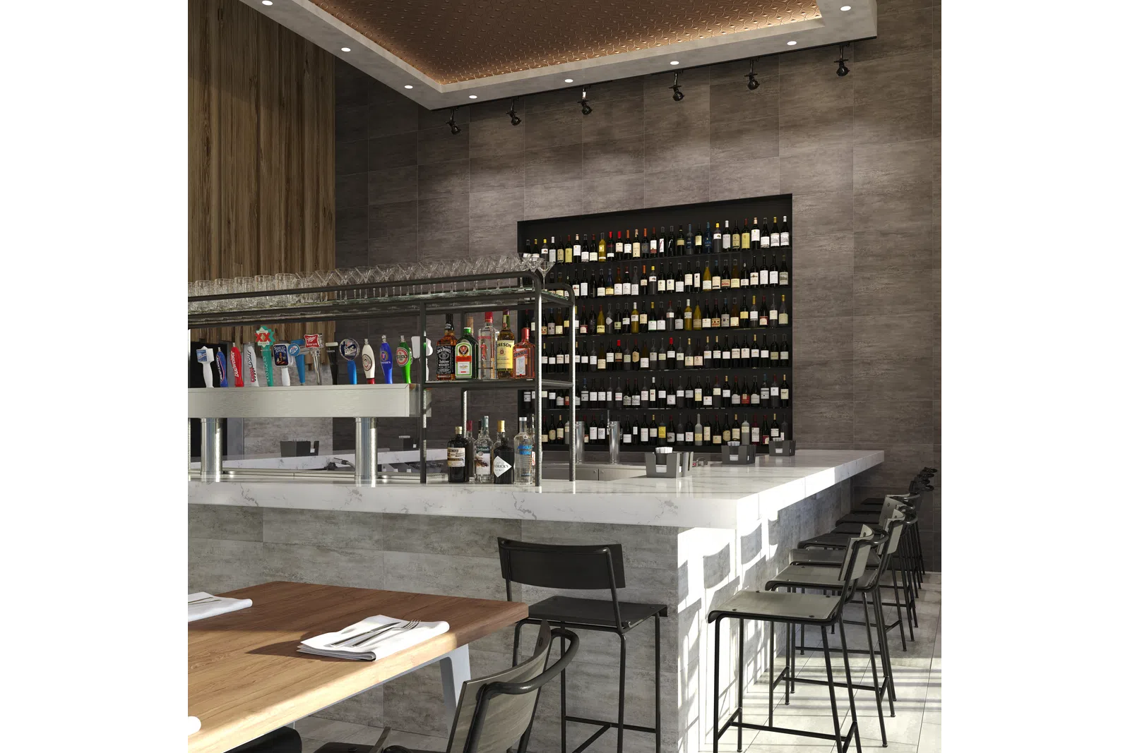 Modern bar interior with marble countertop, multiple liquor bottles, beer taps, and black bar stools along the counter.
