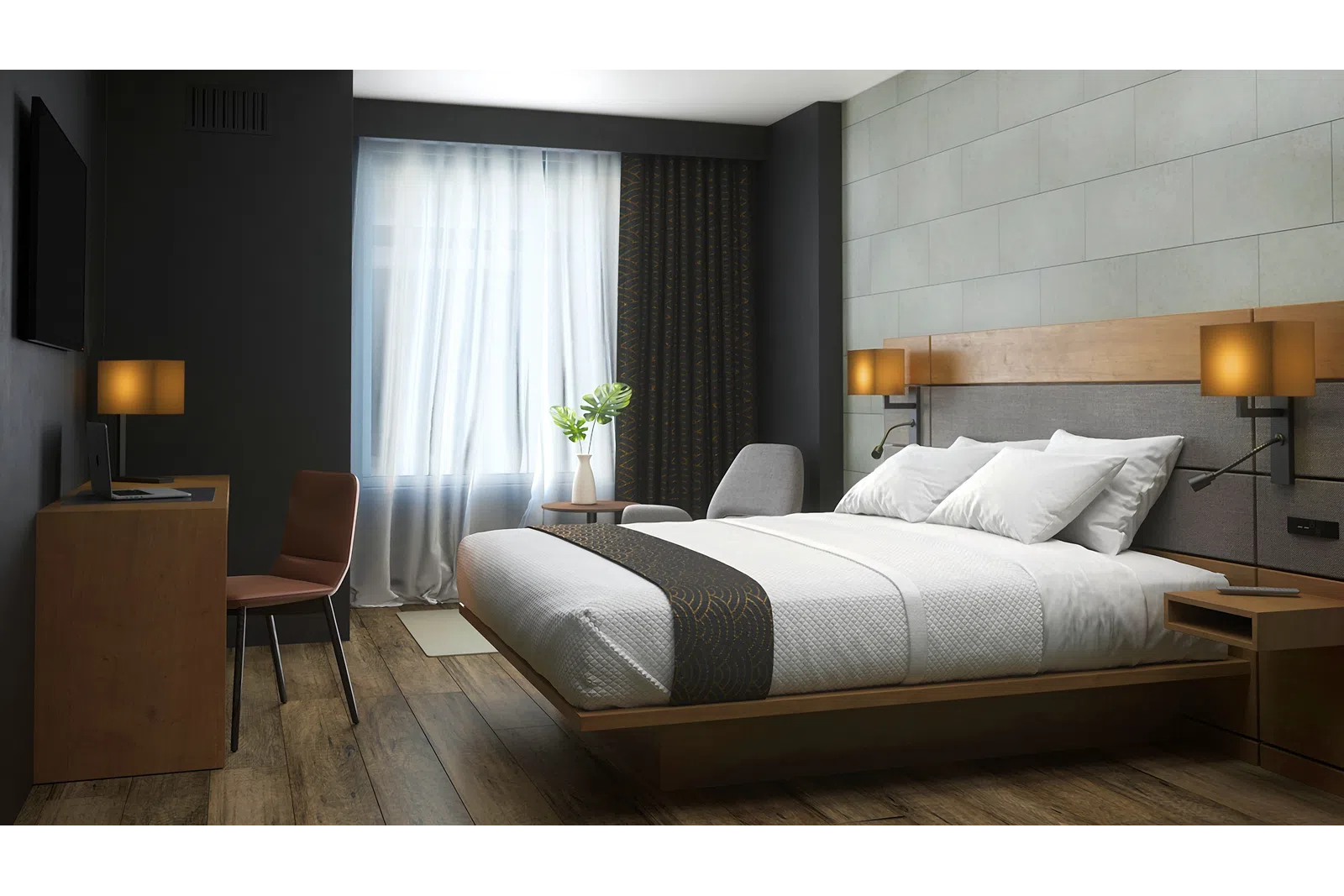Modern hotel room with a queen bed, wooden furniture, floor lamp, and a large window with white curtains.